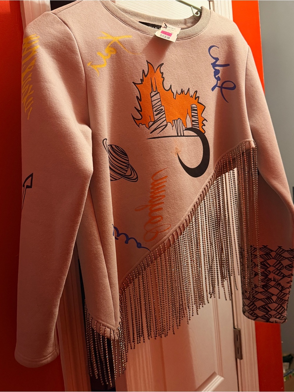 AKIRA Blush Pink Graphic Fringe-Trim Crewneck Sweater